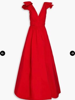 Marchesa Red V-Neck Ruffled Shoulder Maxi Gown